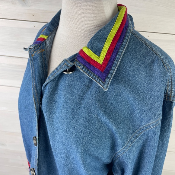 Tantrum Blues Blue Denim Jacket Women's Embroidered Flowers Ribbon Trim - Picture 2 of 7